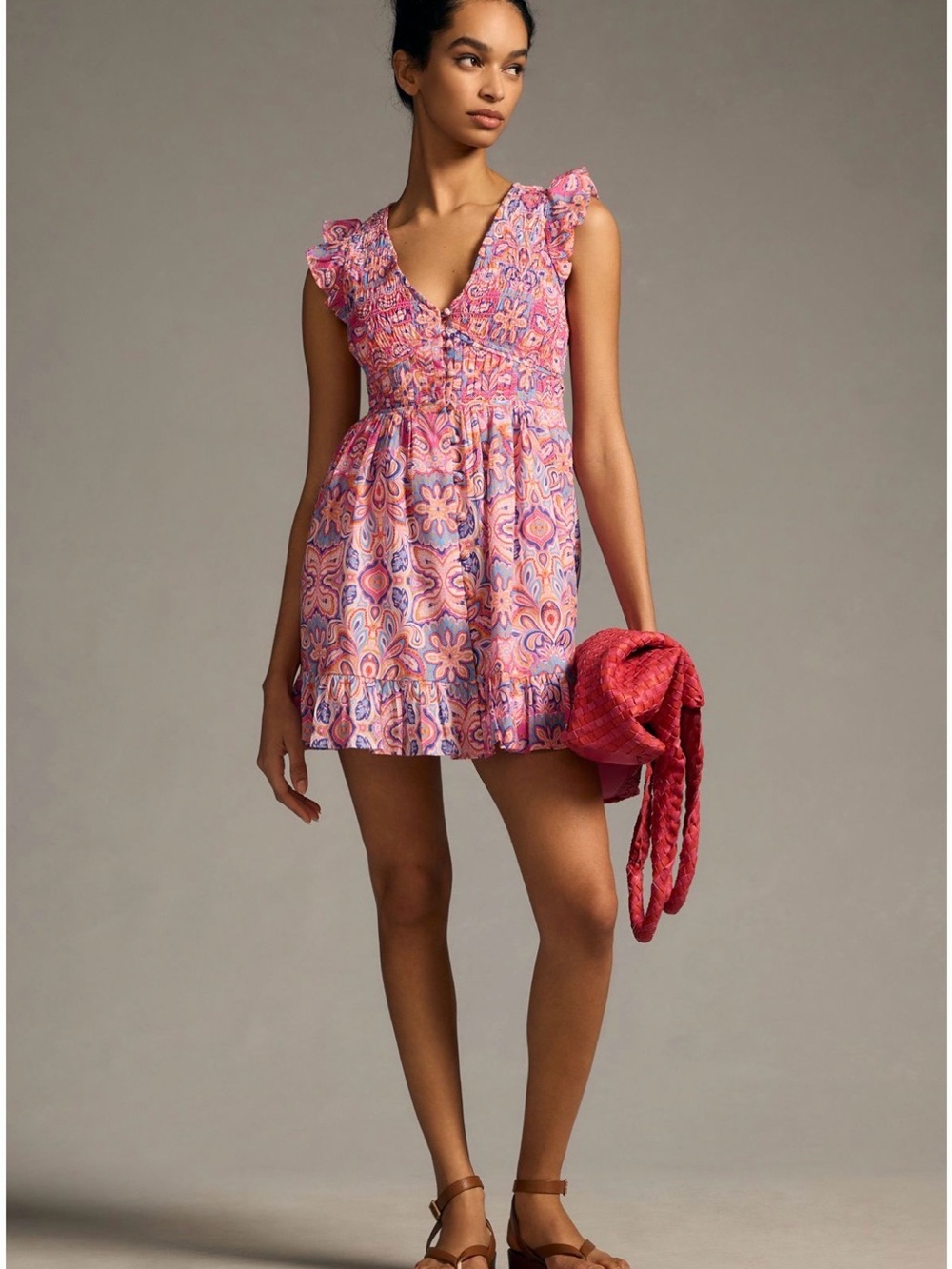 Pink Floral V-Neck Smocked Mini Dress size Small